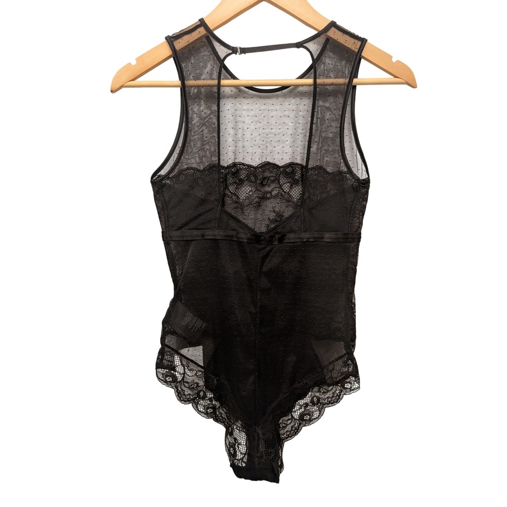 H&M Black Lace Mesh Bodysuit Sheer Polka Dot Sleeveless Lingerie Sheer Feminine